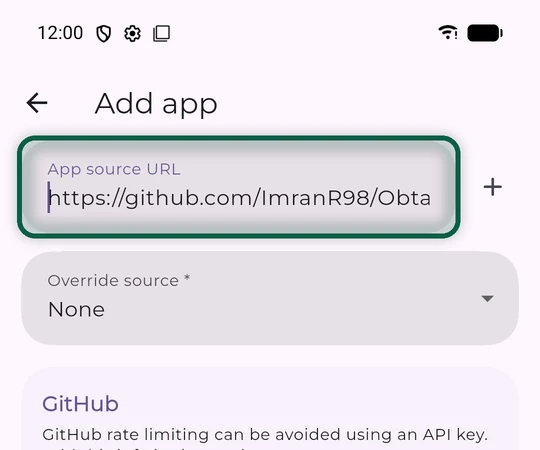 Écran d'ajout d'appli d'Obtainium, avec l'adresse d'une page de versions GitHub collée dans le champ de la source