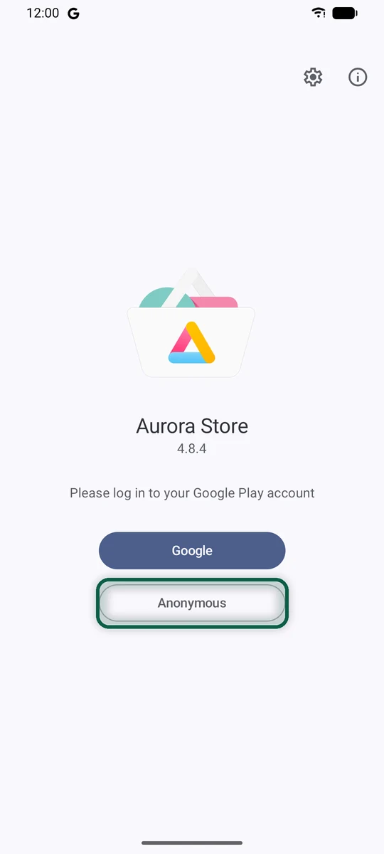 Écran de connexion d'Aurora Store avec l'option de connexion anonyme mise en évidence