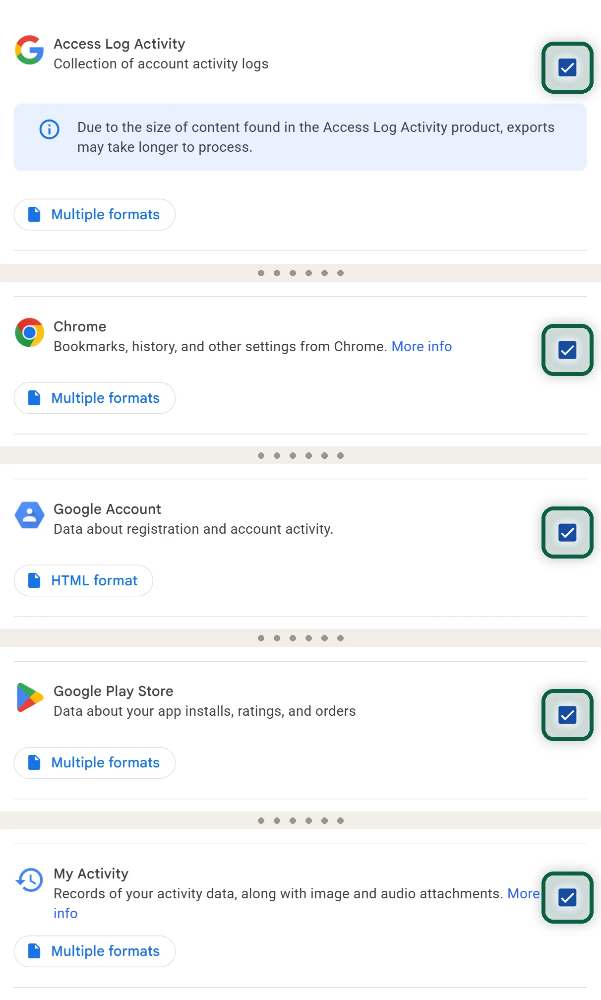 Takeout product list after Deselect all, with only Access Log Activity, My Activity, Chrome, Google Play Store and Google Account ticked. Badge on each of the five