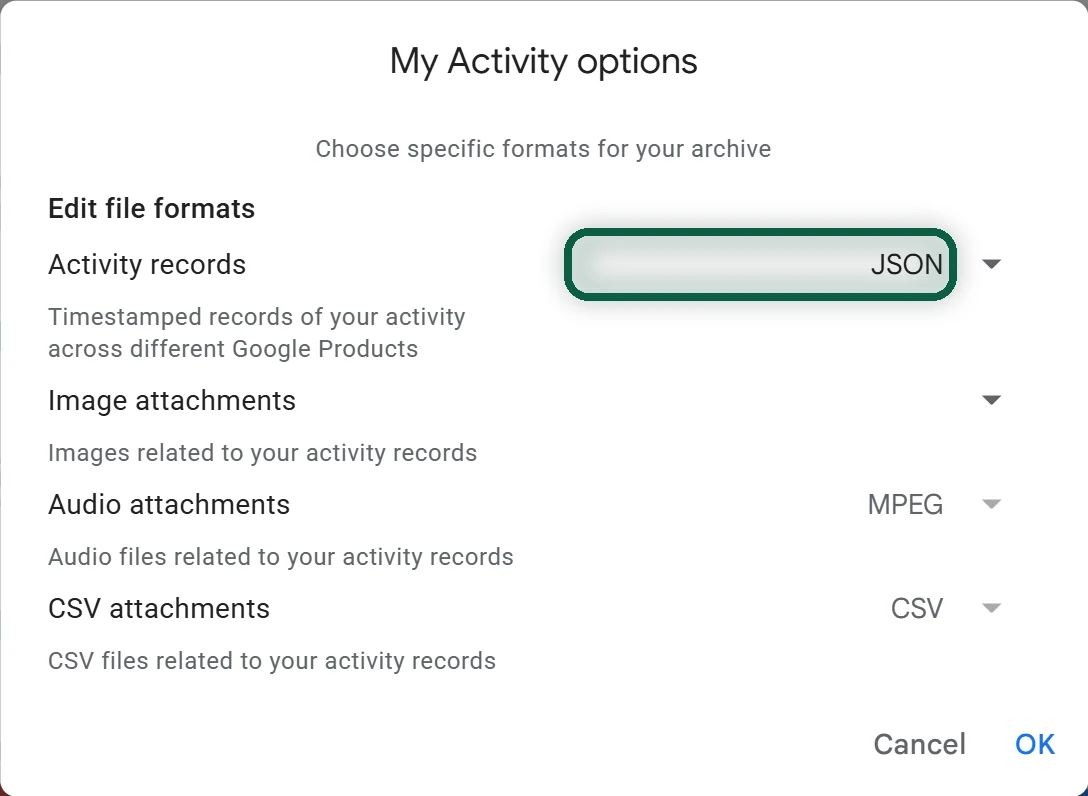 My Activity format dialog with the activity records format set to JSON. Arrow on JSON