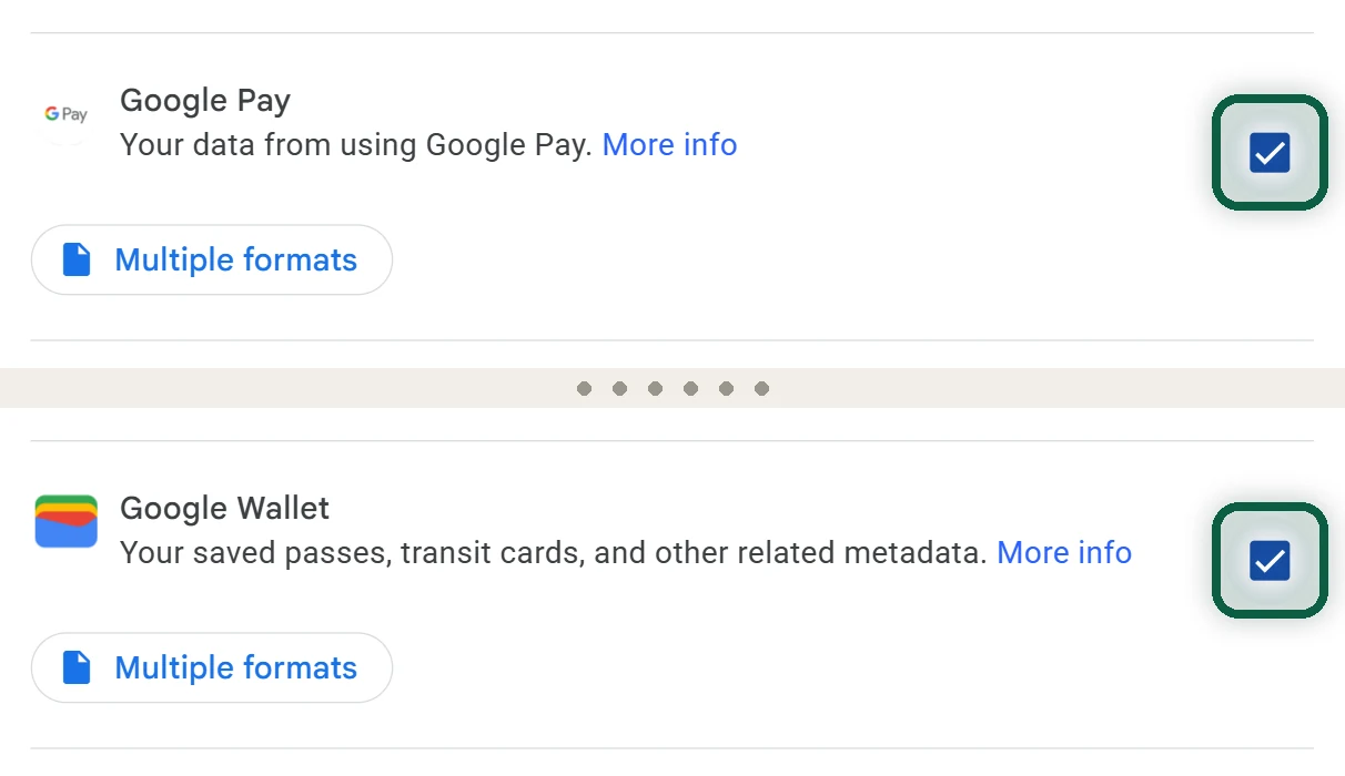 Google Takeout product list with only Google Pay and Google Wallet ticked