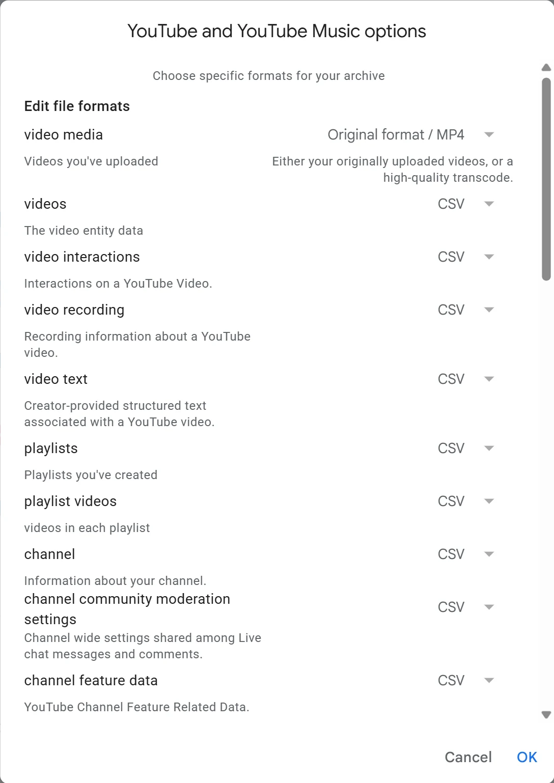 Options de YouTube et YouTube Music dans Takeout, avec la liste de ce que contient l'export, des vidéos mises en ligne aux playlists, et un format pour chaque élément