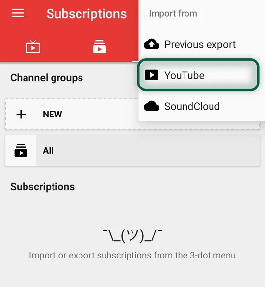 Onglet des abonnements de NewPipe avec le menu ouvert et l'import depuis YouTube mis en évidence